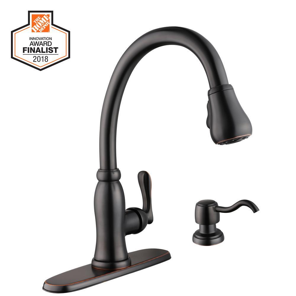 Pavilion Single-Handle Pull-Down Kitchen Faucet with TurboSpray and FastMount and Soap Dispenser in Bronze