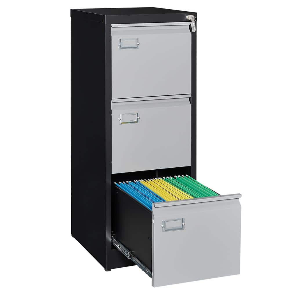 LISSIMO 17.79 in. W x 40.55 in. H x 15.12 in. D 3 Drawers Black & Grey Steel Freestanding Cabinet File Storage Cabinet with Lock