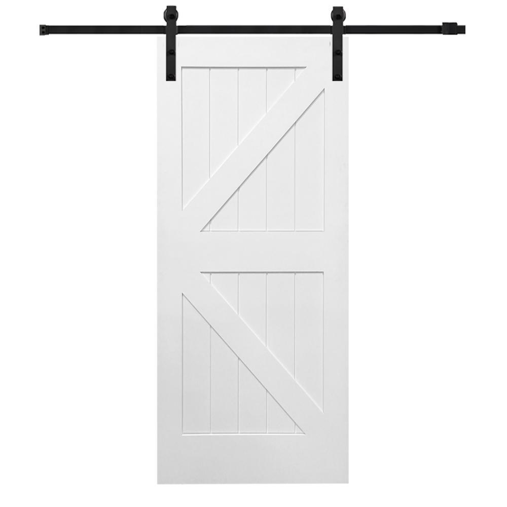 36 in. x 84 in. Primed Composite K-Plank Barn Door with Matte Black Hardware Kit