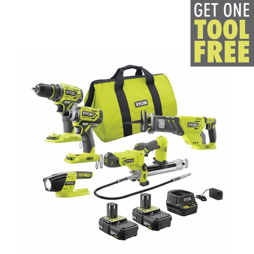 ONE+ 18V Brushless Cordless 4-Tool Combo Kit with (2) 2.0 Ah Batteries, Charger, Bag w/Free Grease Gun