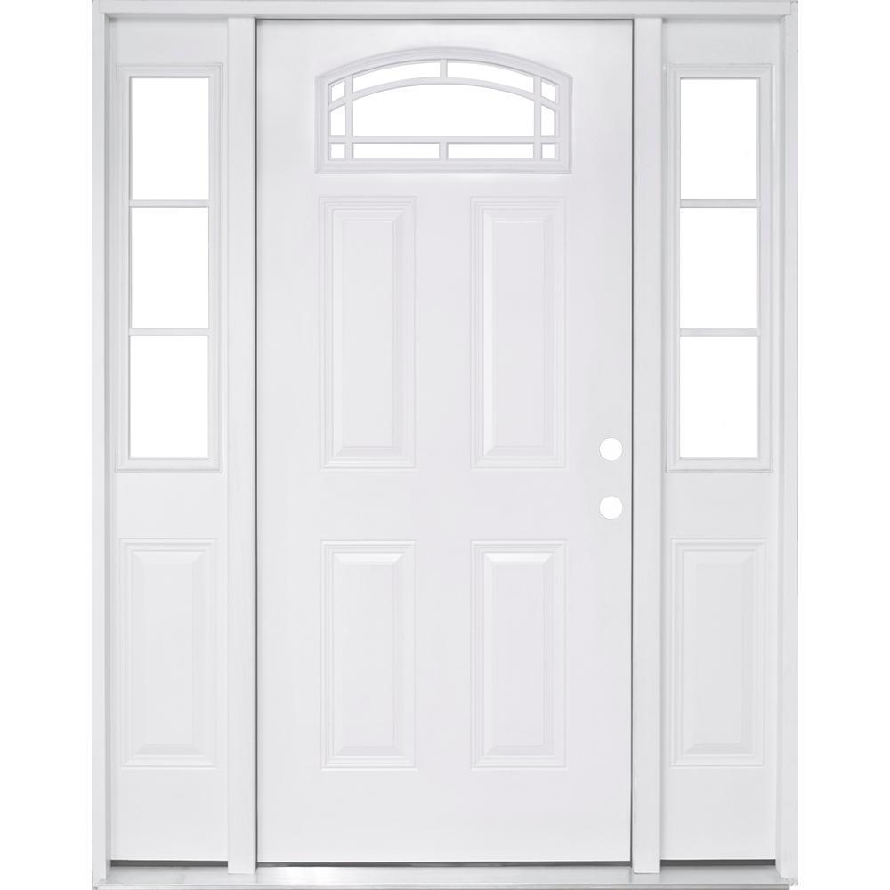 68 in. x 80 in. Camber Top White Left-Hand 14 in. 3-Lite Sidelites Primed Steel Prehung Front Door with 4-9/16 in. Frame