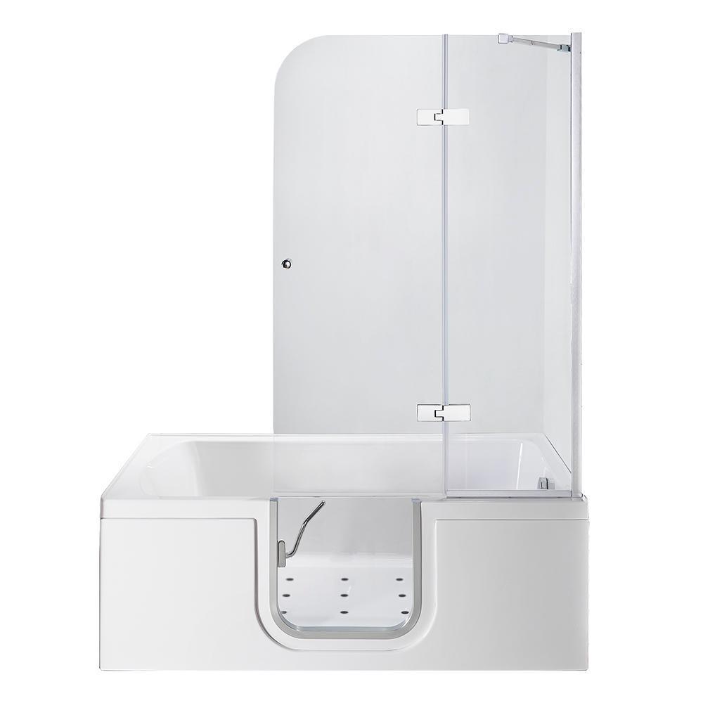 Laydown 60 in. Walk-in Air Bath Bathtub in White with RHS Hinged Middle Glass Door, Glass Door Screen, 2 in. RHS Drain
