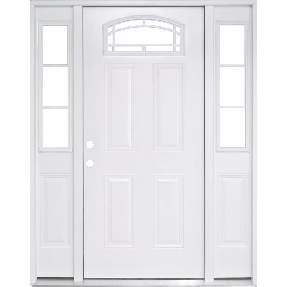72 in. x 80 in. Camber Top Primed White Steel Prehung Front Door with 16 in. 3 Lite Sidelites RH 6-9/16 in. Frame