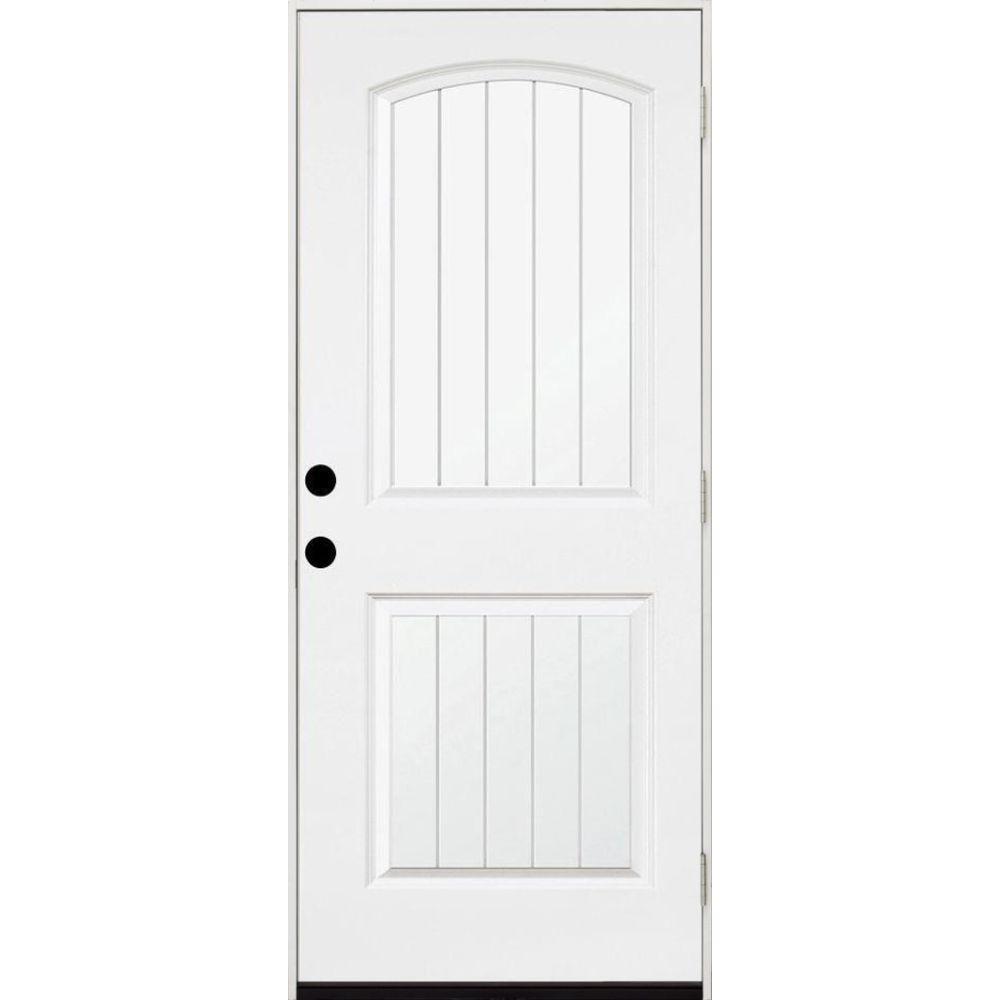 32 in. x 80 in. Premium 2-Panel Plank Primed White Steel Prehung Front Door with 32 in. Left-Hand Outswing & 4 in. Wall