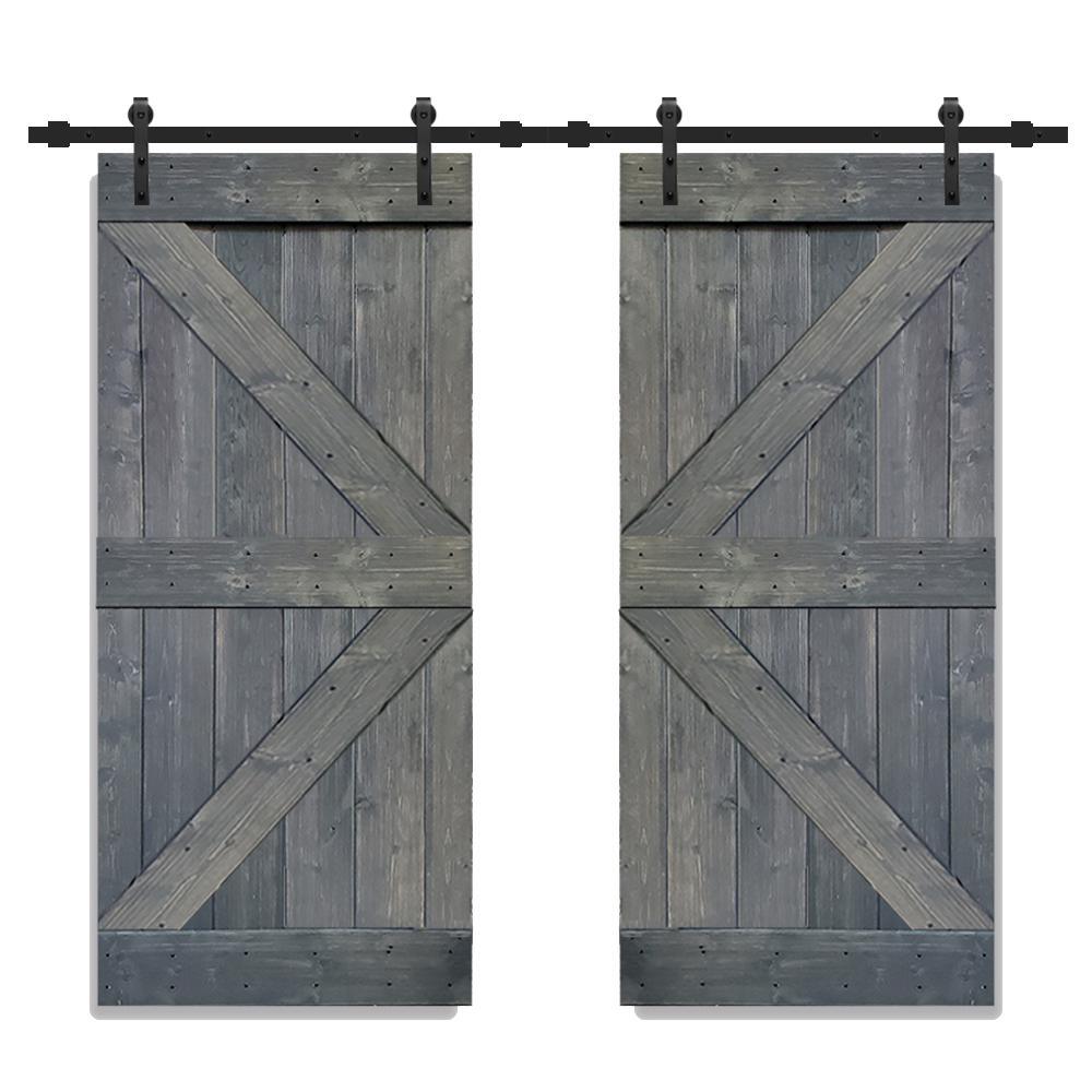 K Series 36 in. x 84 in. Gray Stained Solid Knotty Pine Wood Double Interior Sliding Barn Doors with Hardware Kit