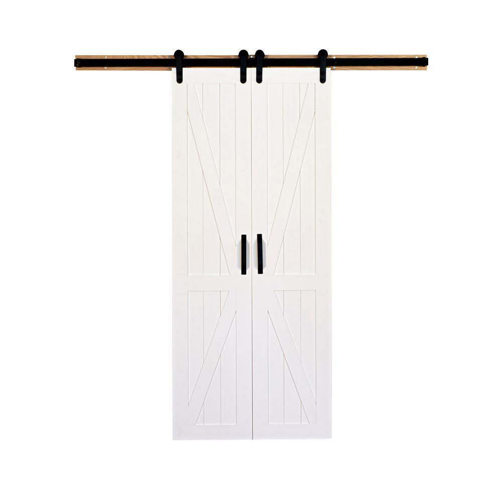 42 in. x 84 in. Board and Batten Primed Solid Wood Split Barn Door with Hardware Kit