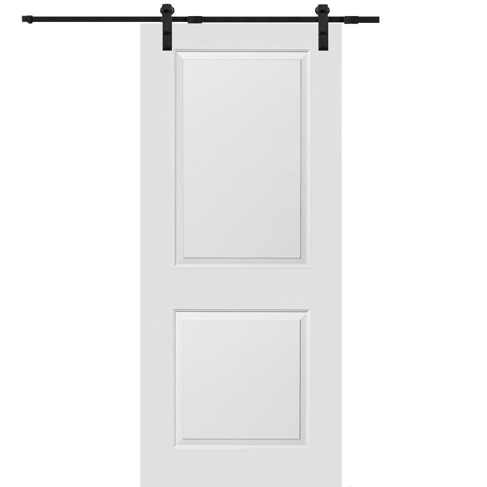 32 in. x 84 in. Smooth Carrara Primed Molded MDF Sliding Barn Door with Black Hardware Kit
