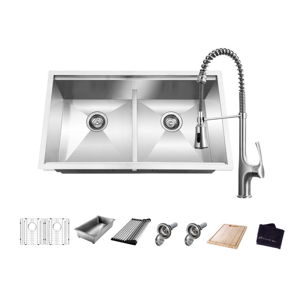 All-in-One Undermount Stainless Steel 33 in. 50/50 Double Bowl Workstation Kitchen Sink with Faucet and Accessories