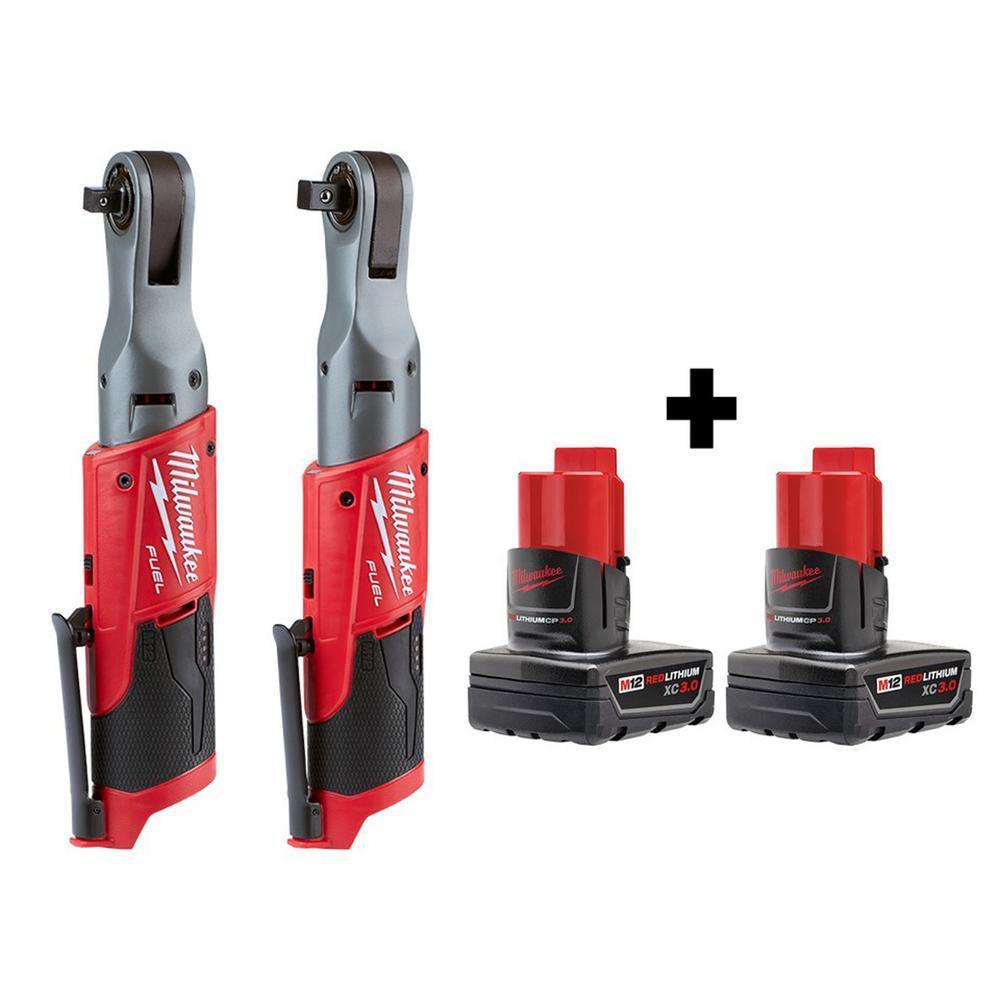 M12 FUEL 12-Volt Lithium-Ion Brushless Cordless 3/8 in. and 1/2 in. Ratchet with two 3.0 Ah Batteries