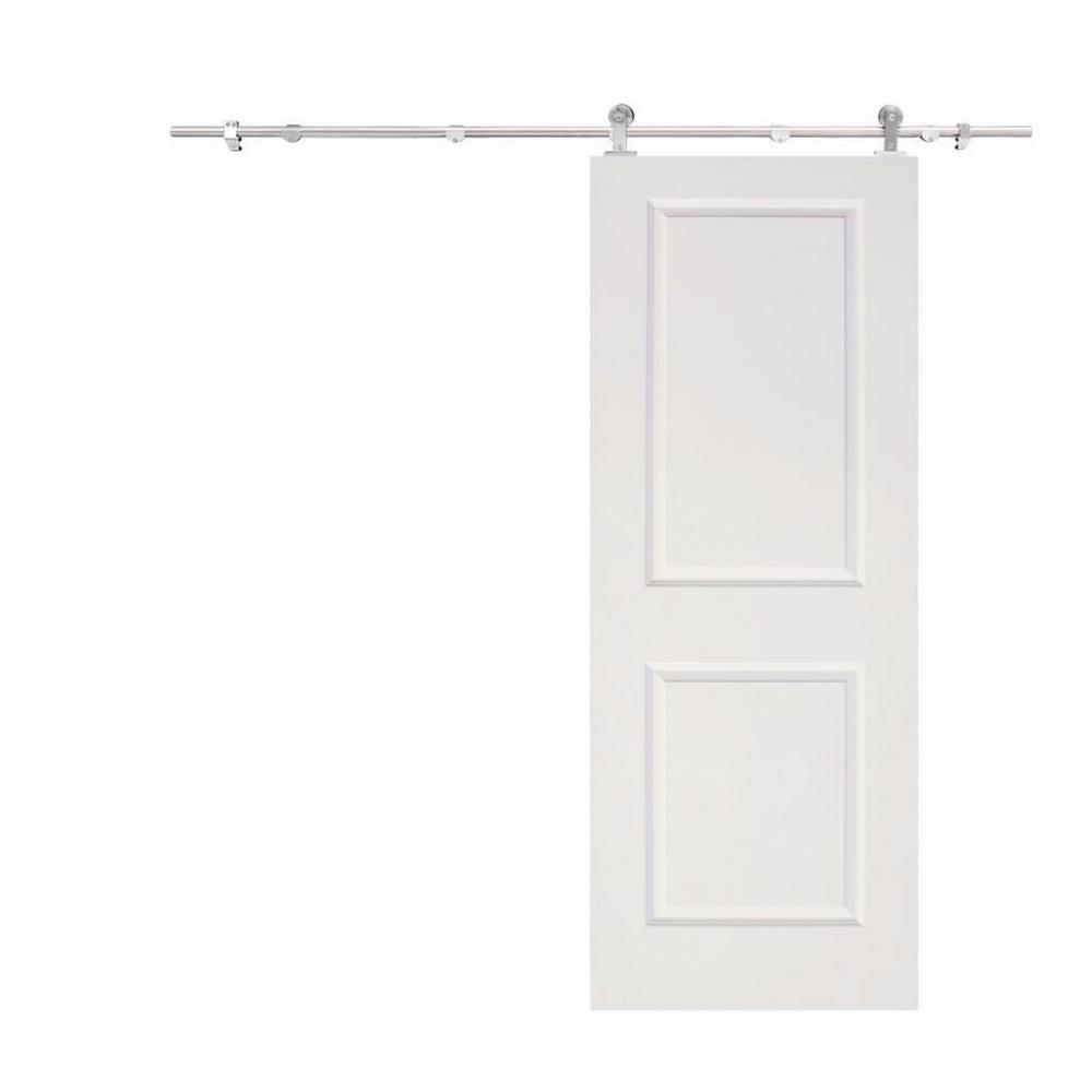 Top Mount Door Track Hardware and White Primed MDF Raised 2 Panel Interior Sliding Barn Door