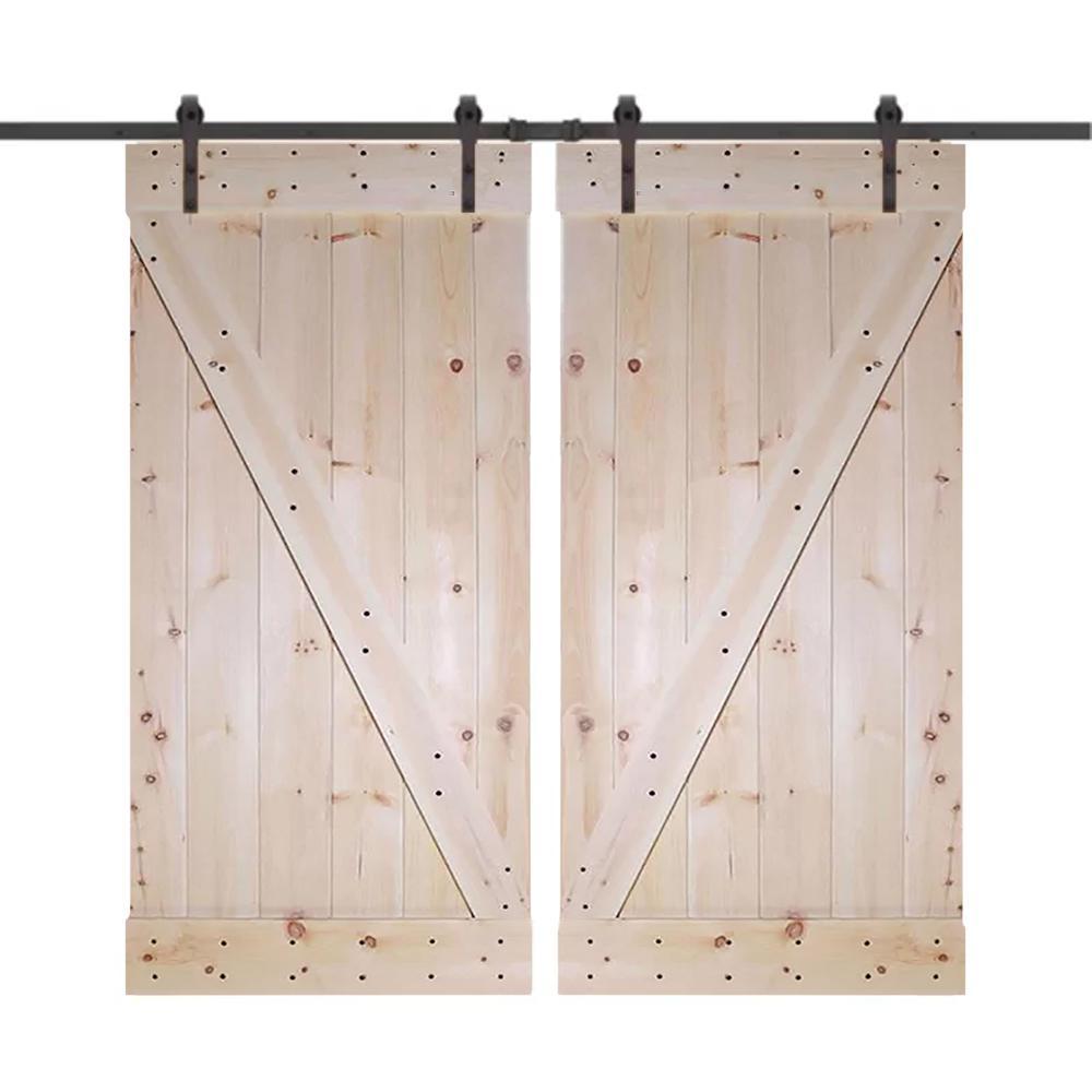 60 in. x 84 in. Unfinished Knotty Pine Wood Double Sliding Barn Door with Classic Bent Strap Black Hardware Kit