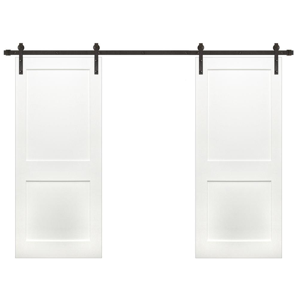 72 in. x 84 in. By-Part Prime 2-Panel Shaker Wood Sliding Barn Door with Bronze Hardware Kit