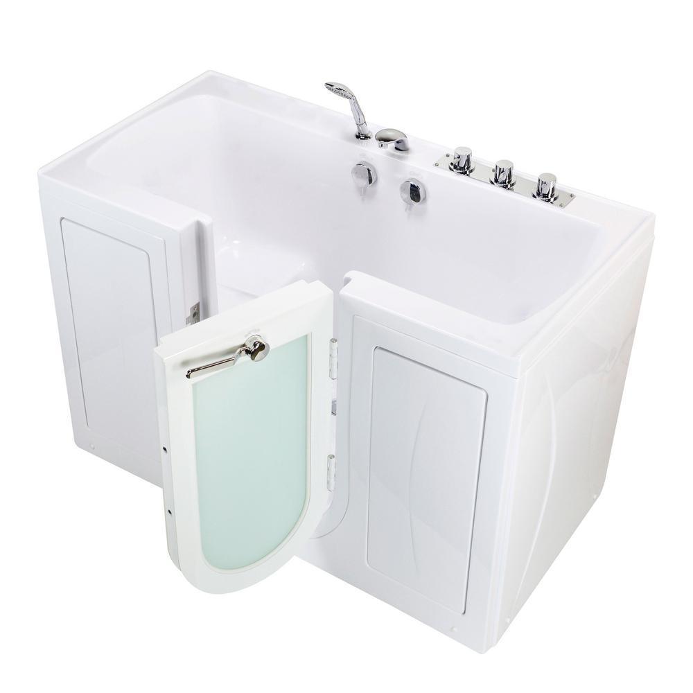 Tub4Two 60 in. Acrylic Walk-In Soaking Bathtub in White Right Outward Door Thermostatic Faucet 2 in. Dual Drain