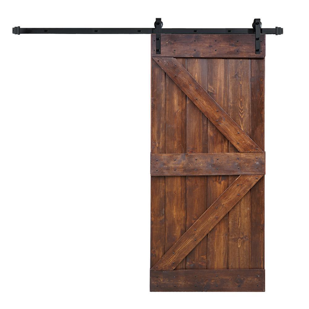 36 in x 84 in K Series DIY Dark Walnut Finished Knotty Pine Wood Sliding Barn Door Slab with Hardware Kit