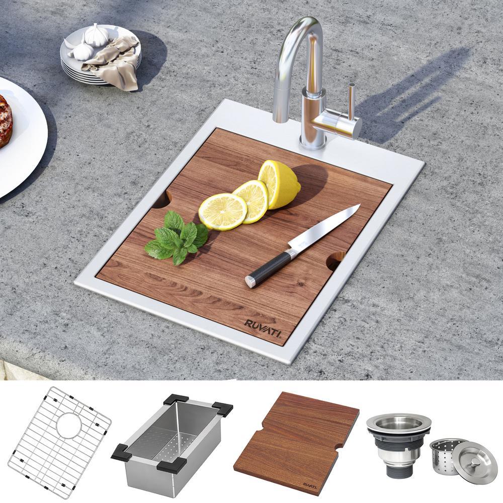 Workstation Drop-in Stainless Steel 15 in. x 20 in. Topmount Bar Prep RV Kitchen Sink 16-Gauge Single Bowl