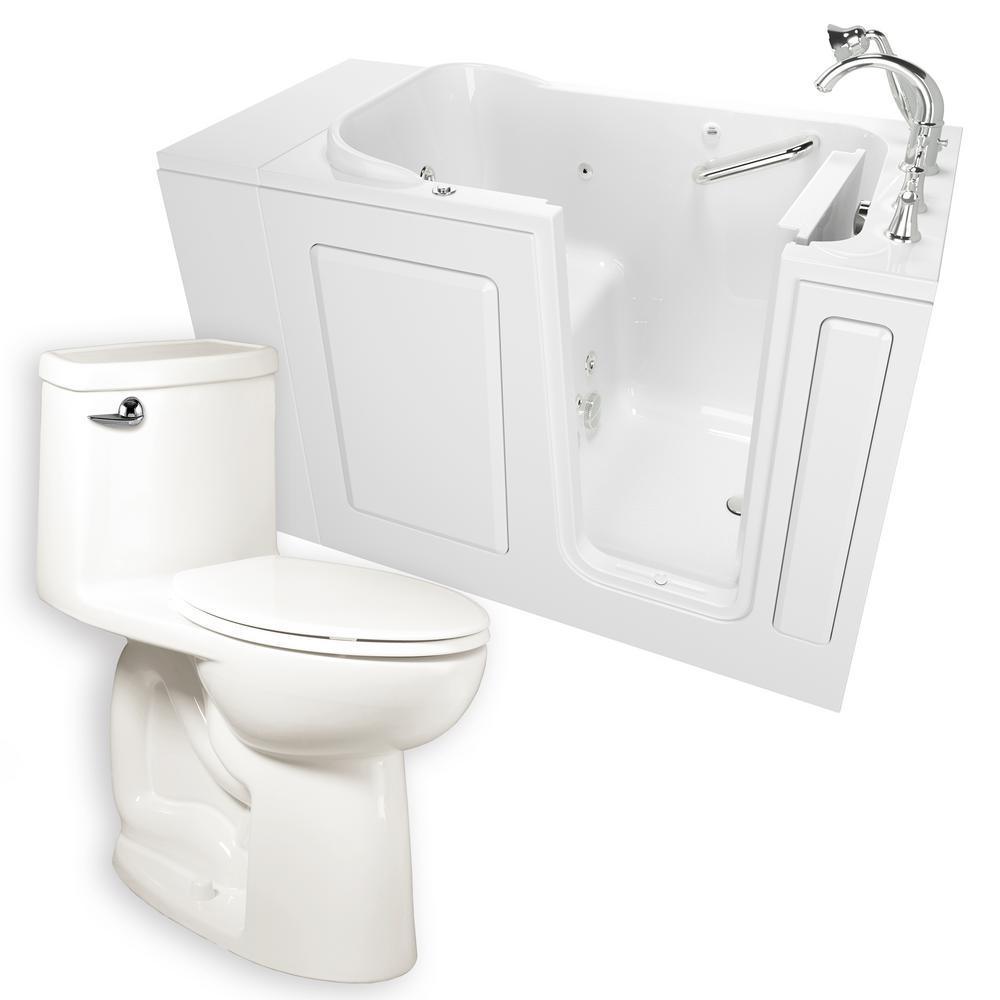 Whirlpool Right-Hand 28 in. x 48 in. Walk-In Bath, Roman Tub Filler, and Cadet 3 FloWise Tall Height Toilet in White