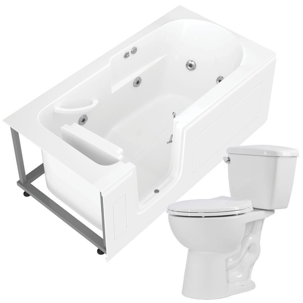 Step In 59.6 in. Walk-In Whirlpool Bathtub in White with 1.28 GPF Single Flush Toilet