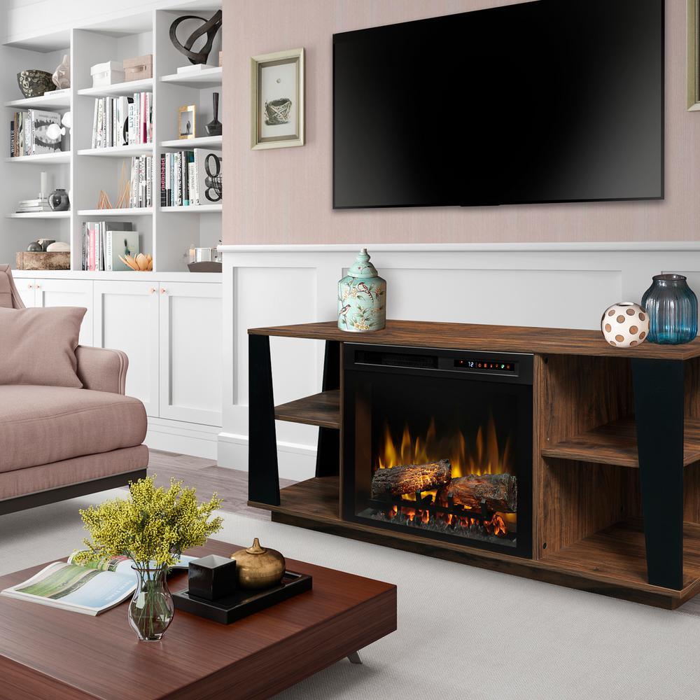 Arlo 60 in. Media Console in Walnut with 26 in. Electric Fireplace with Logs