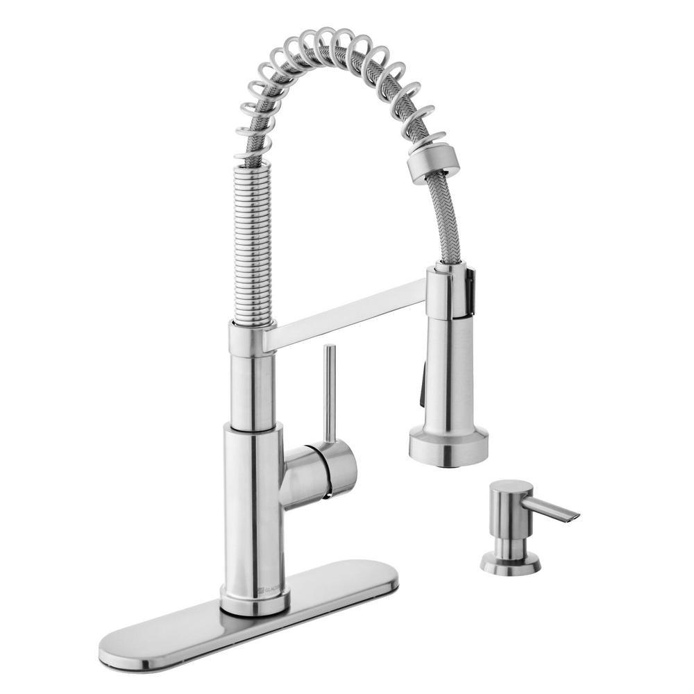 Gage Single-Handle Spring Neck Pull-Down Kitchen Faucet with TurboSpray, FastMount, Soap Dispenser in Stainless Steel