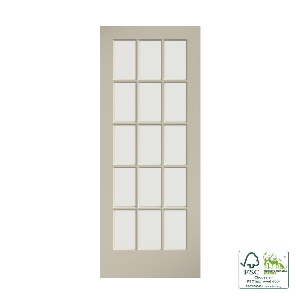 28 in. x 80 in. Clear Glass 15-Lite True Divided White Finished Solid French Interior Door Slab