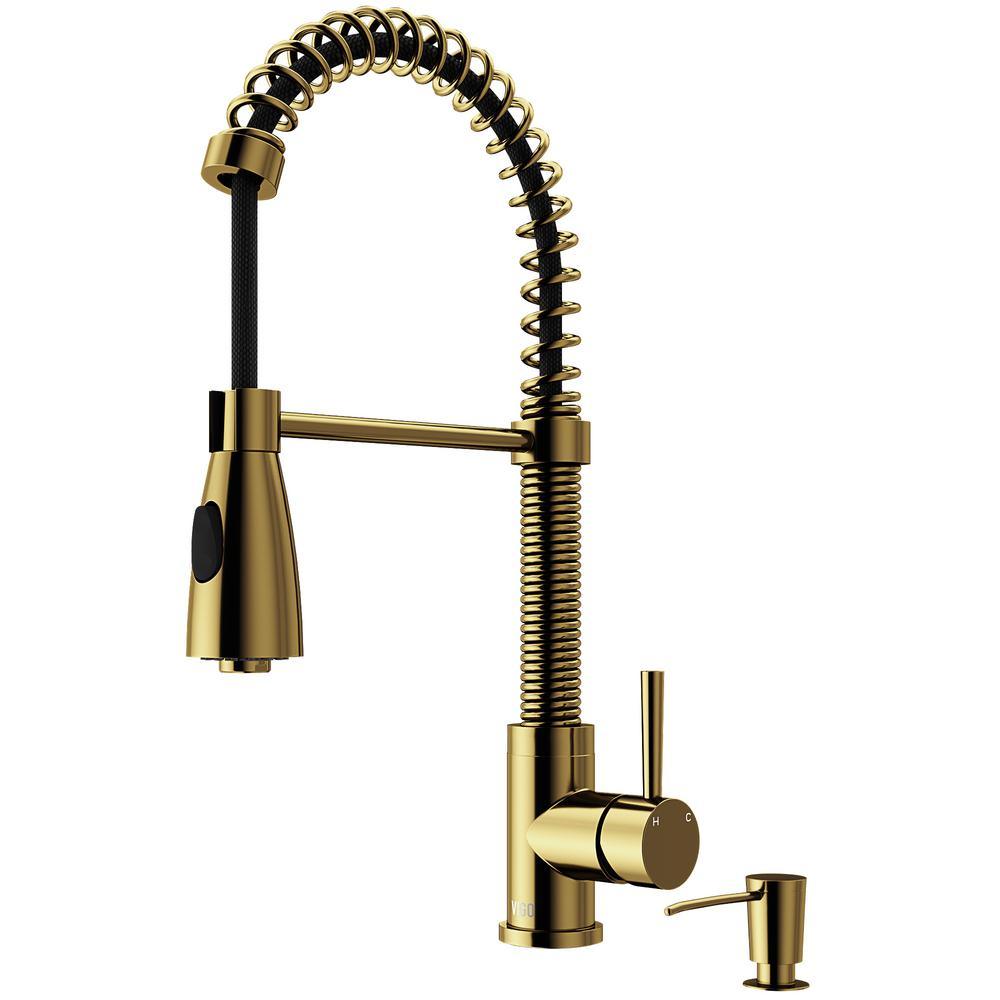 Brant Single-Handle Pull-Down Sprayer Kitchen Faucet with Soap Dispenser in Matte Gold