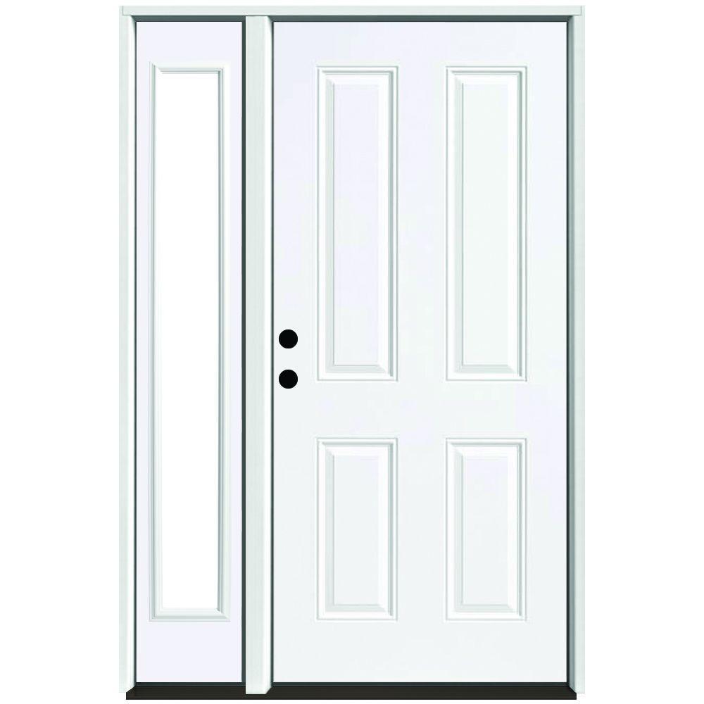 51 in. x 80 in. 4-Panel Primed White Right-Hand Steel Prehung Front Door with 12 in. Clear Glass Sidelite 4 in. Wall