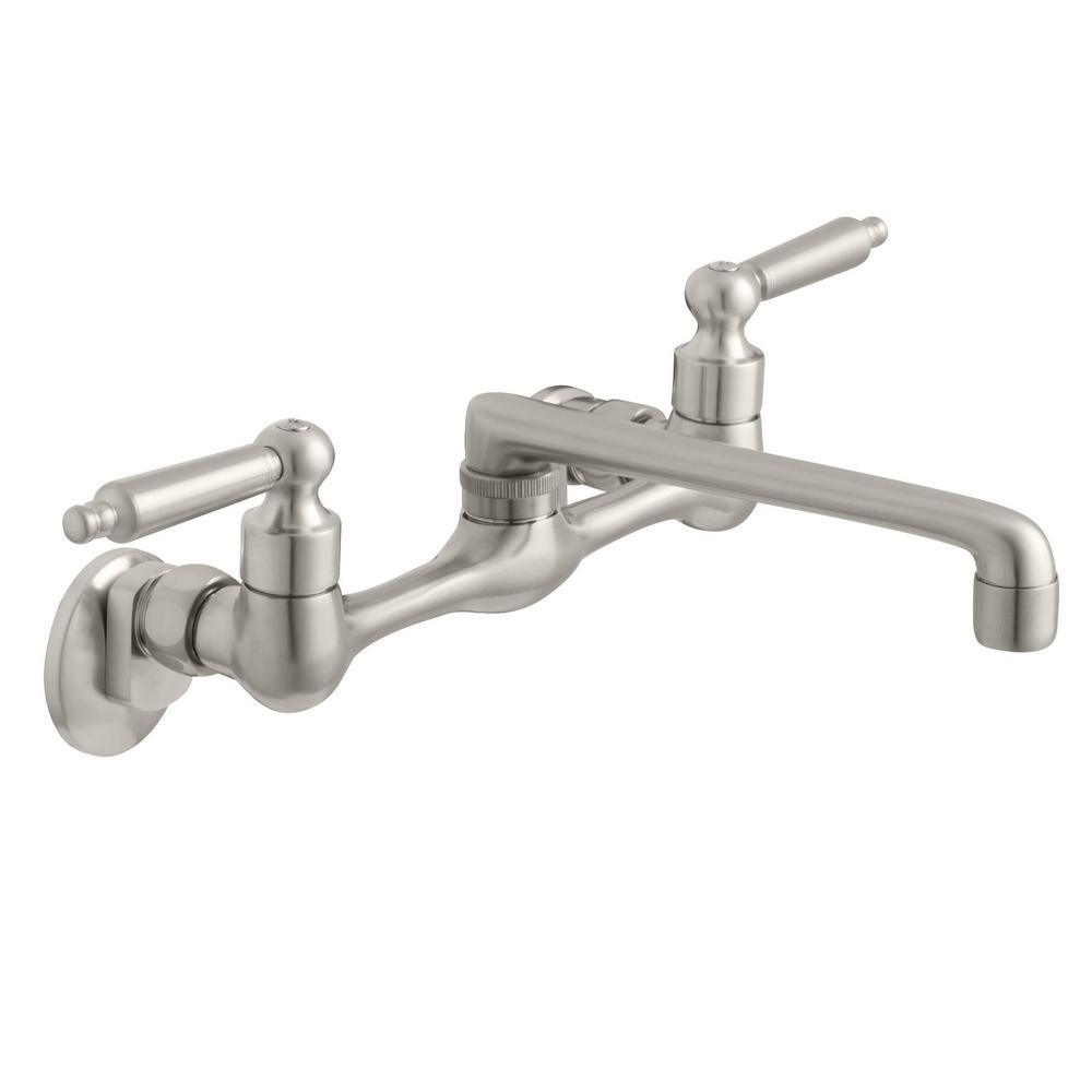 Builders 2-Handle Wall Mount Low-Arc Standard Kitchen Faucet in Stainless Steel