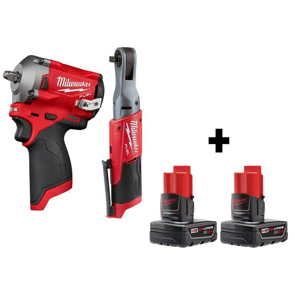 M12 FUEL 12-Volt Lithium-Ion Brushless Cordless Stubby 3/8 in. Impact Wrench & 3/8 in. Ratchet with two 3.0 Ah Batteries