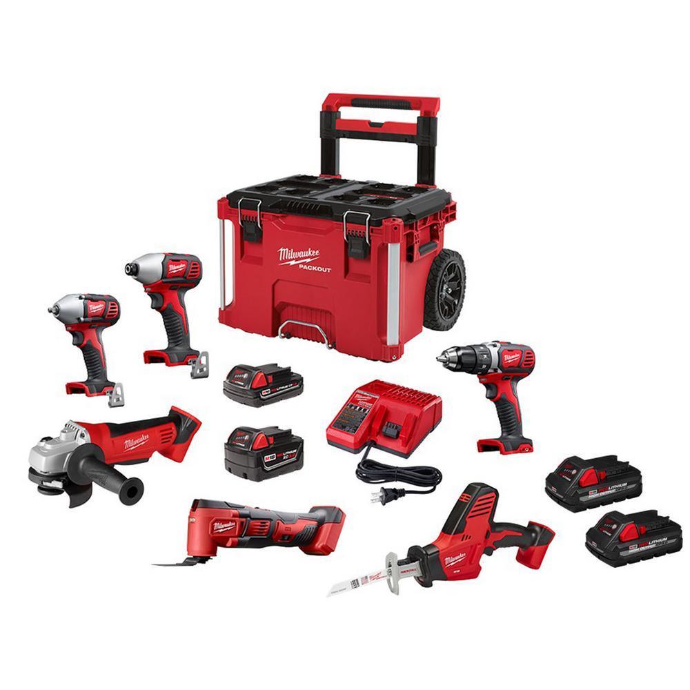 M18 18-Volt Lithium-Ion Cordless Combo Tool Kit (6-Tool) with PACKOUT Rolling Tool Box and (4) Batteries