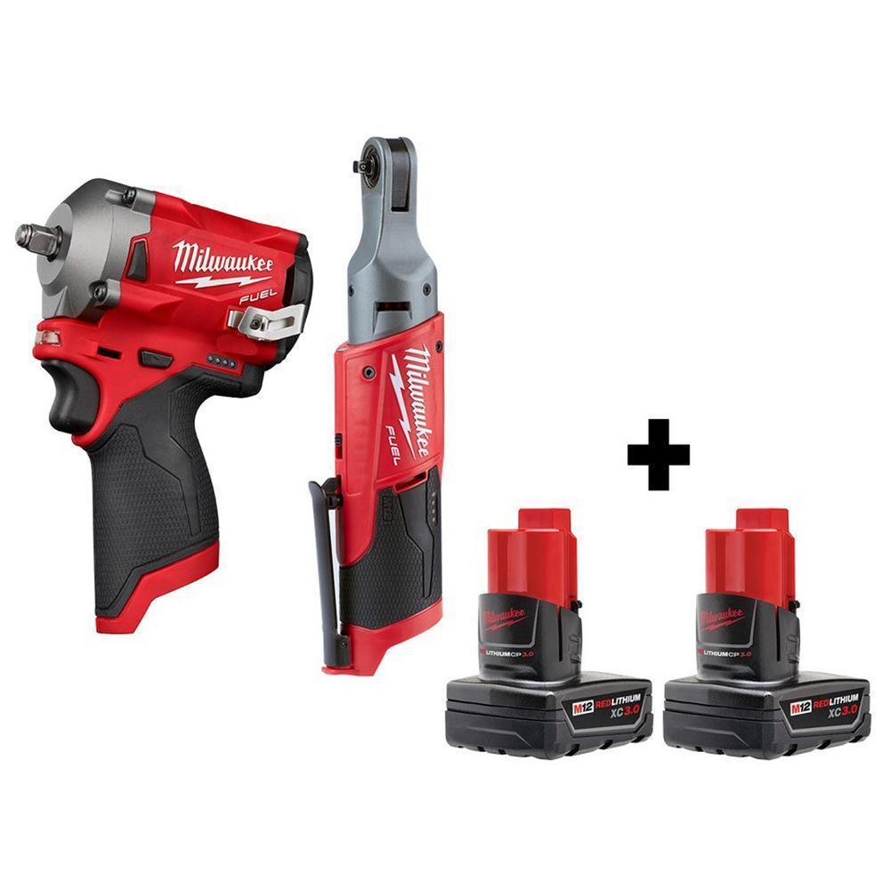 M12 FUEL 12-Volt Lithium-Ion Brushless Cordless Stubby 3/8 in. Impact Wrench & 1/4 in. Ratchet with Two 3.0Ah Batteries