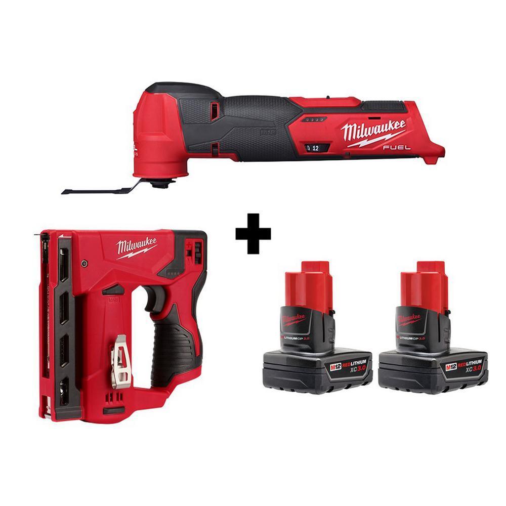 M12 FUEL 12-Volt Lithium-Ion Cordless Oscillating Multi-Tool and Crown Stapler with two 3.0 Ah Batteries