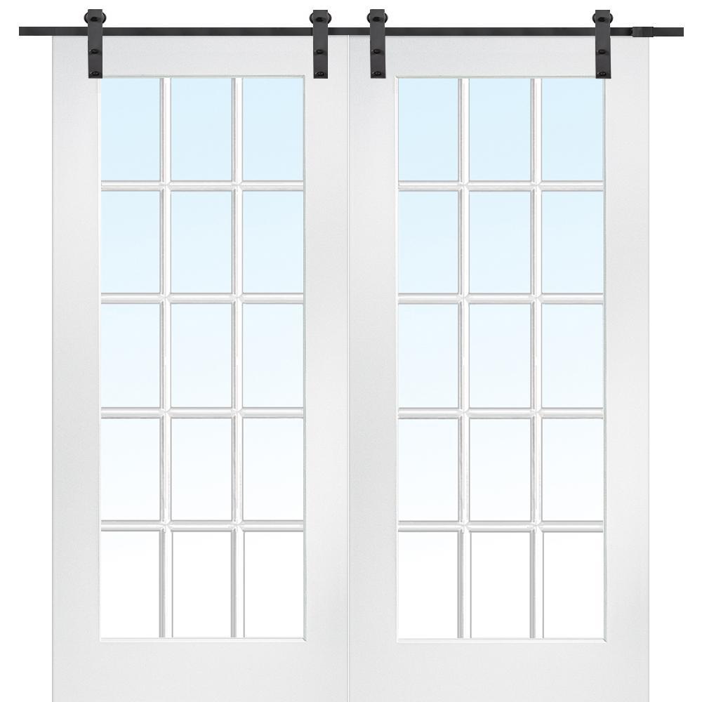 72 in. x 84 in. 15 Lite True Divided Primed MDF Sliding Barn Door with Hardware Kit