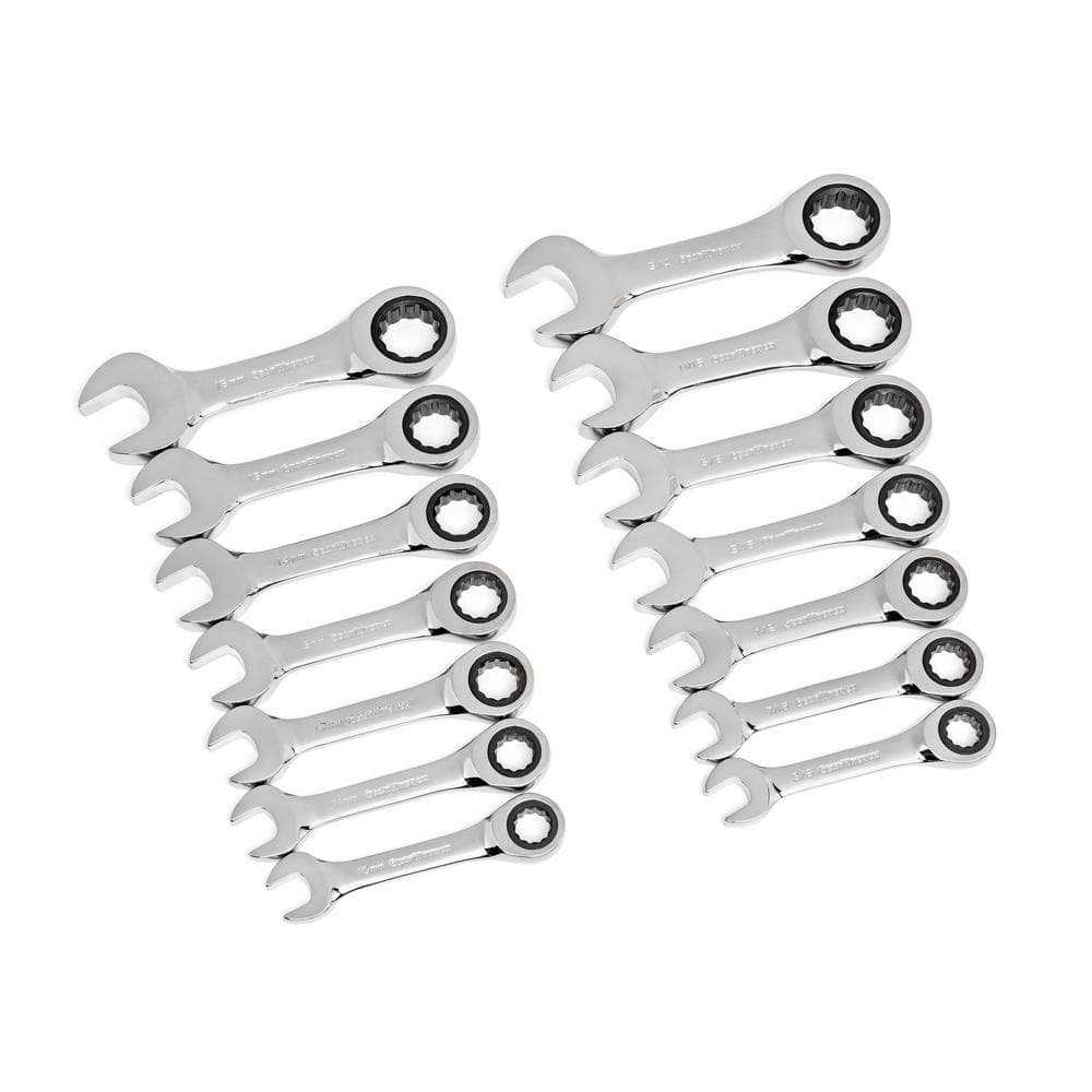 GEARWRENCH SAE/Metric 72-Tooth Stubby Combination Ratcheting Wrench Tool Set (14-Piece)