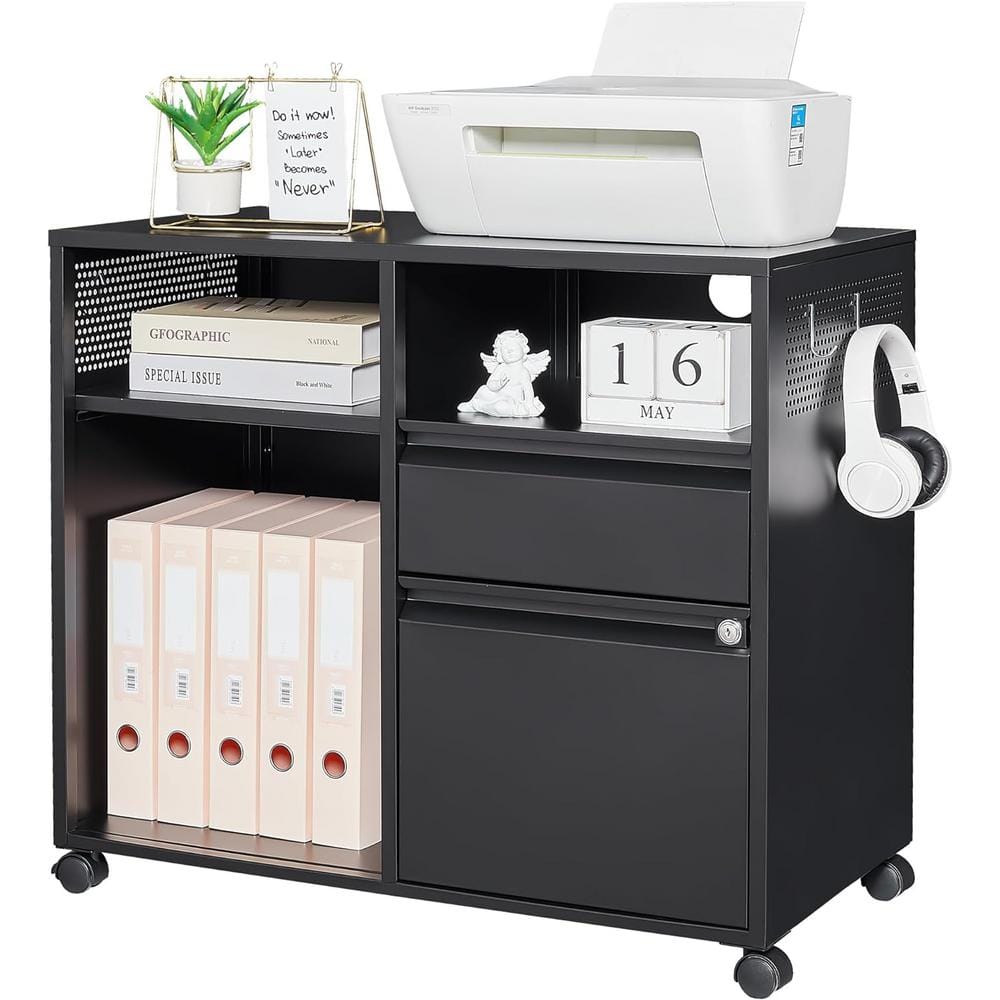 LISSIMO 31.5" W x 16.7" D Metal Lateral Rolling Printer Stand Filing Cabinets with Shelves for Office-Storage A4/F4/Letter/Legal