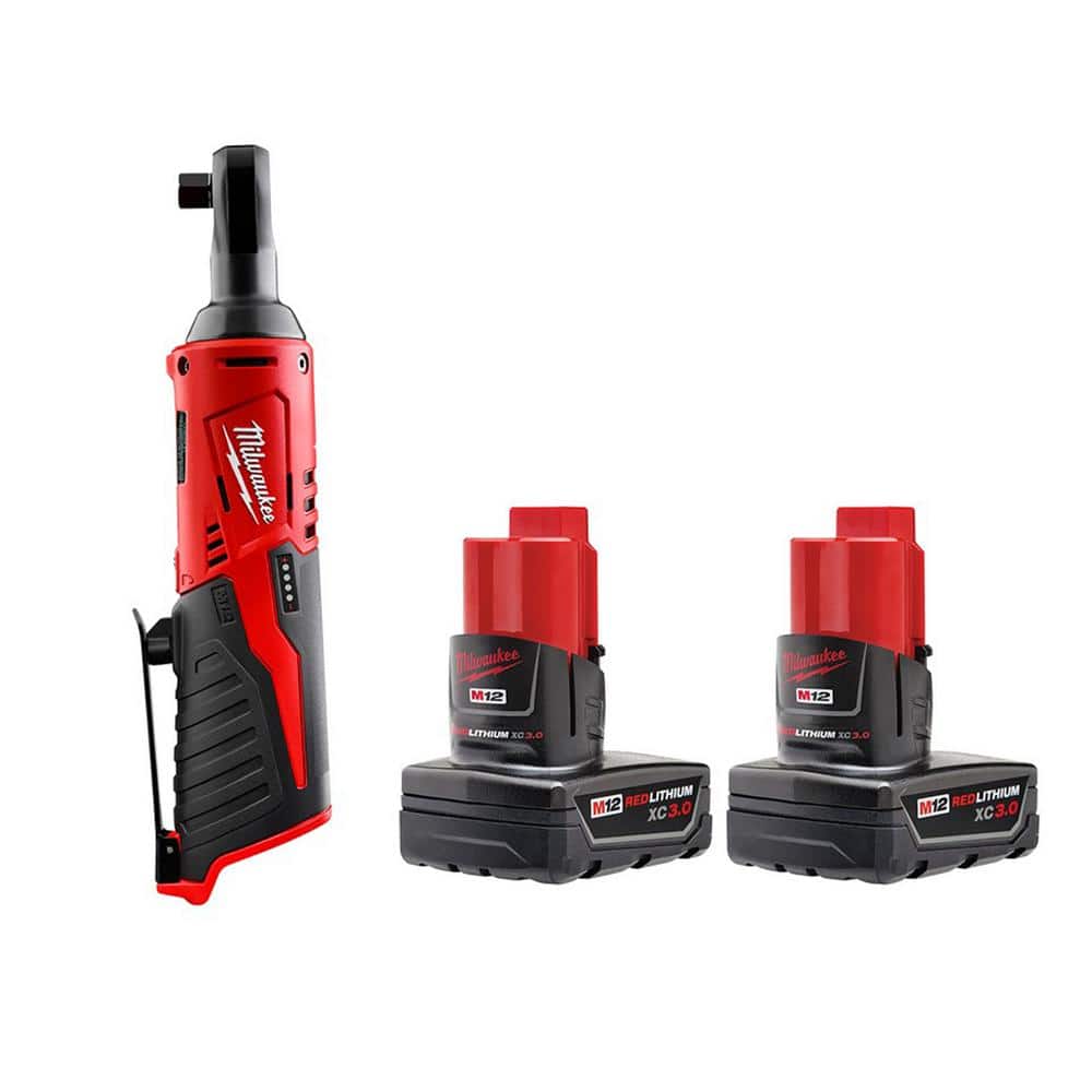 Milwaukee M12 12V Lithium-Ion Cordless 3/8 in. Ratchet with 3.0 Ah Battery Pack (2-Pack)