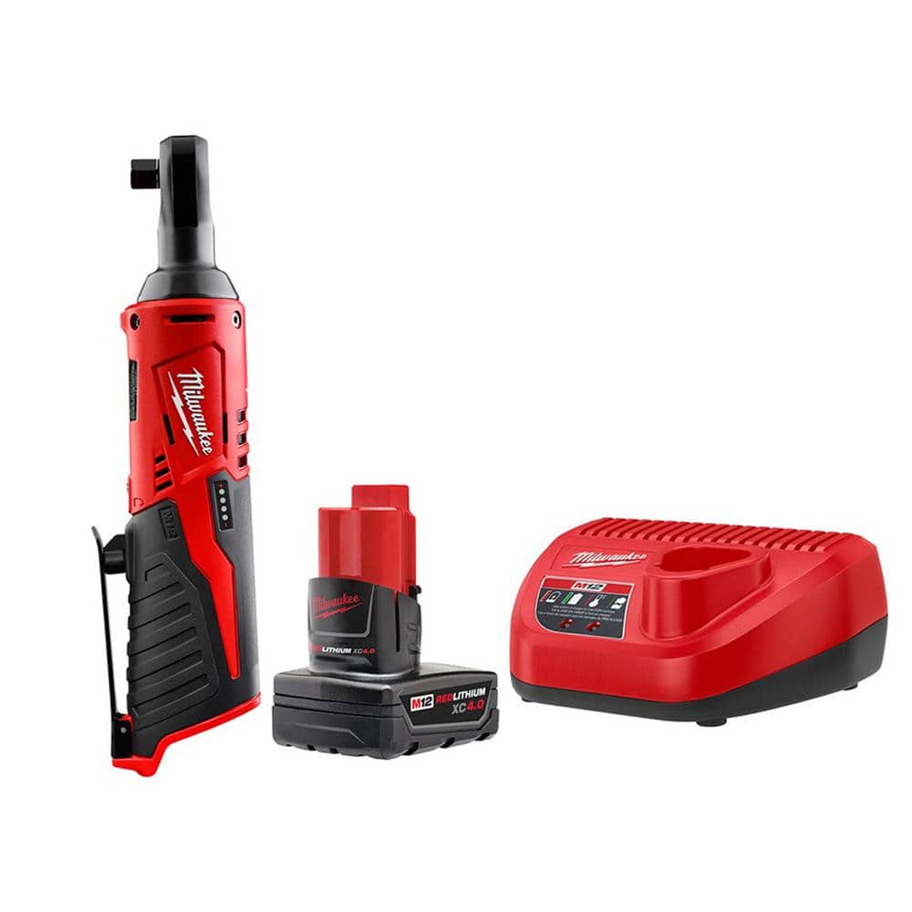 Milwaukee M12 12V Lithium-Ion Cordless 3/8 in. Ratchet with M12 4.0 Ah Starter Kit