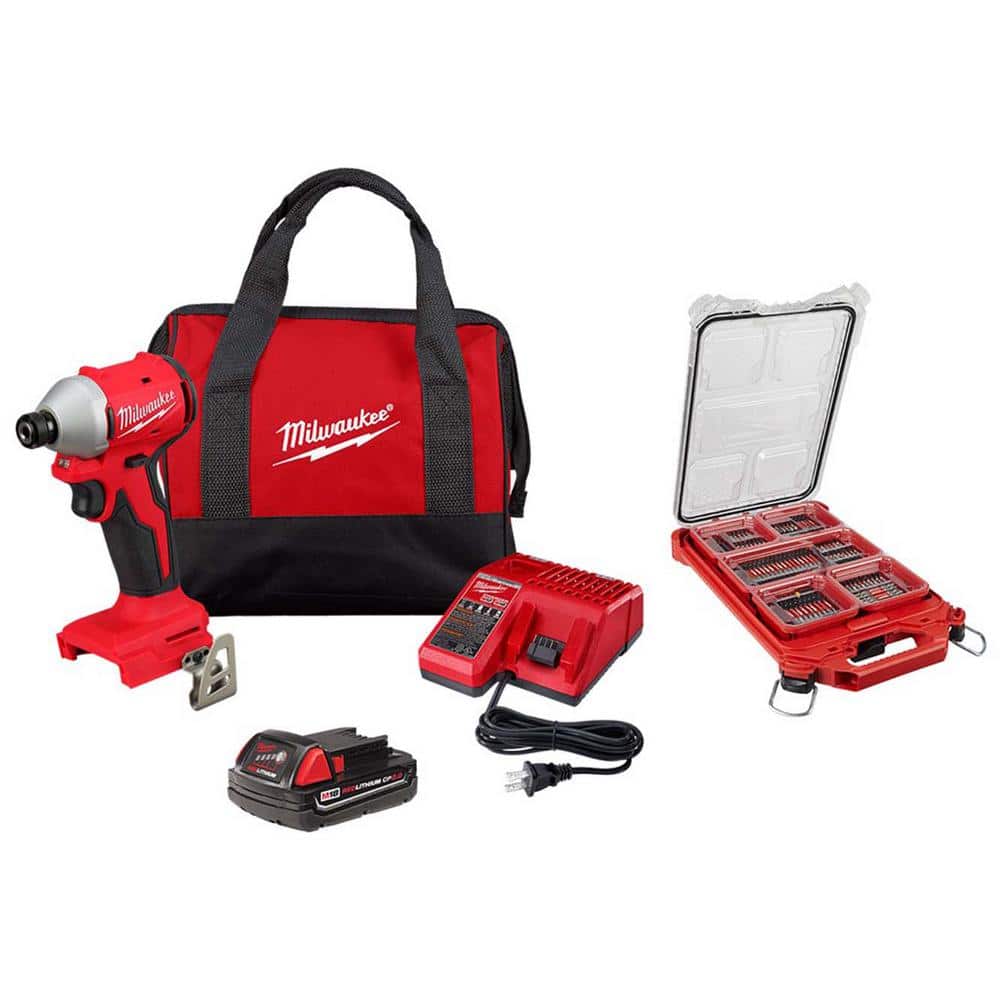 Milwaukee M18 18V Lithium Ion Compact Brushless Cordless 1/4 in. Impact Driver Combo Kit with SHOCKWAVE Screwdriver Bit Set
