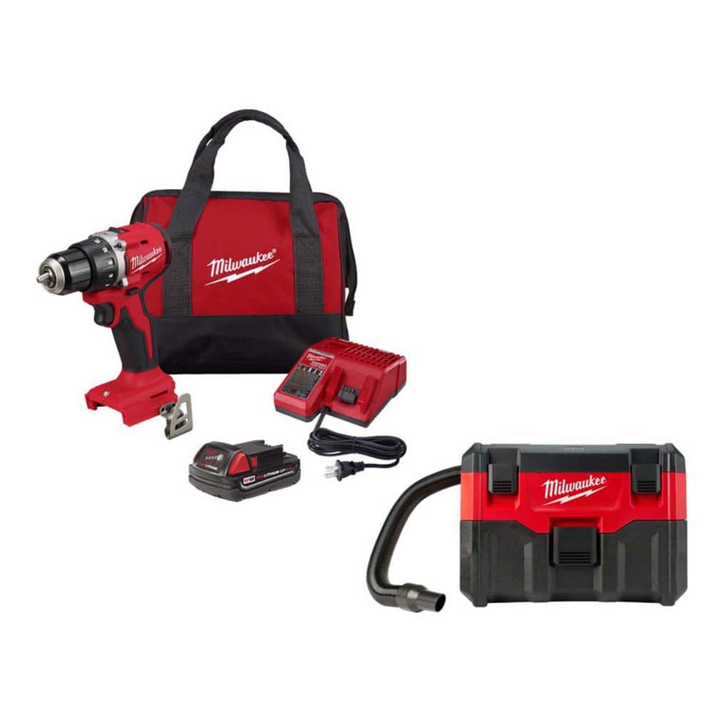 Milwaukee M18 18V Lithium-Ion Brushless Cordless Compact Drill/Driver w/ (1) 2.0Ah Battery, Charger & Bag w/ M18 2 Gal Vac