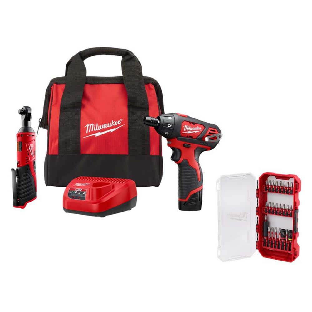 Milwaukee M12 12V Li-Ion Cordless 3/8 in. Ratchet & Screwdriver Combo Kit (2-Tool) w Battery, Charger, Tool Bag & Bit Set (25-Pc)