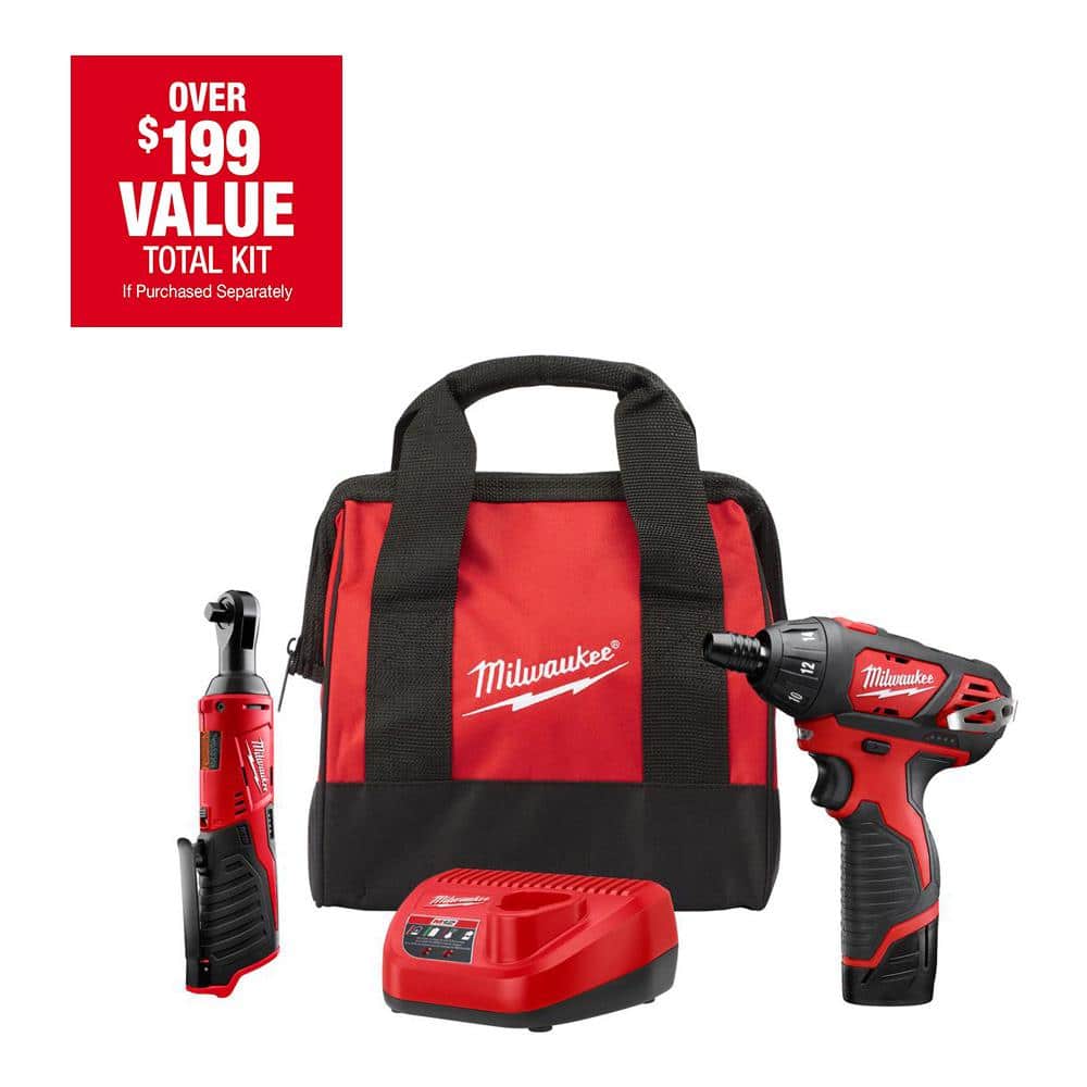 Milwaukee M12 12V Lithium-Ion Cordless 3/8 in. Ratchet and Screwdriver Combo Kit (2-Tool) with Battery, Charger, Tool Bag