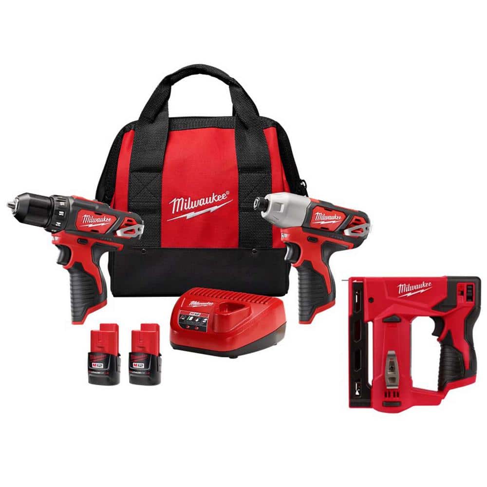 Milwaukee M12 12-Volt Lithium-Ion Cordless 2-Tool Combo Kit with M12 12-Volt Lithium-Ion Cordless 3/8 in. Crown Stapler