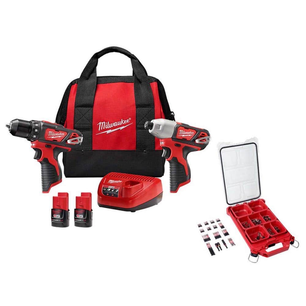 Milwaukee M12 12V Li-Ion Cordless Drill Driver/Impact Driver Combo Kit w Two 1.5Ah Batteries, Charger and Bag (2-Tool) & Bit Set