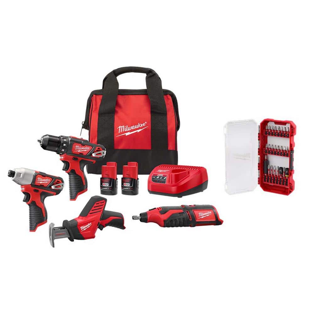 Milwaukee M12 12V Lithium-Ion Cordless 4-Tool Combo Kit with (2) Compact 1.5Ah Batteries and Charger & SHOCKWAVE Bit Set (25-Pc)