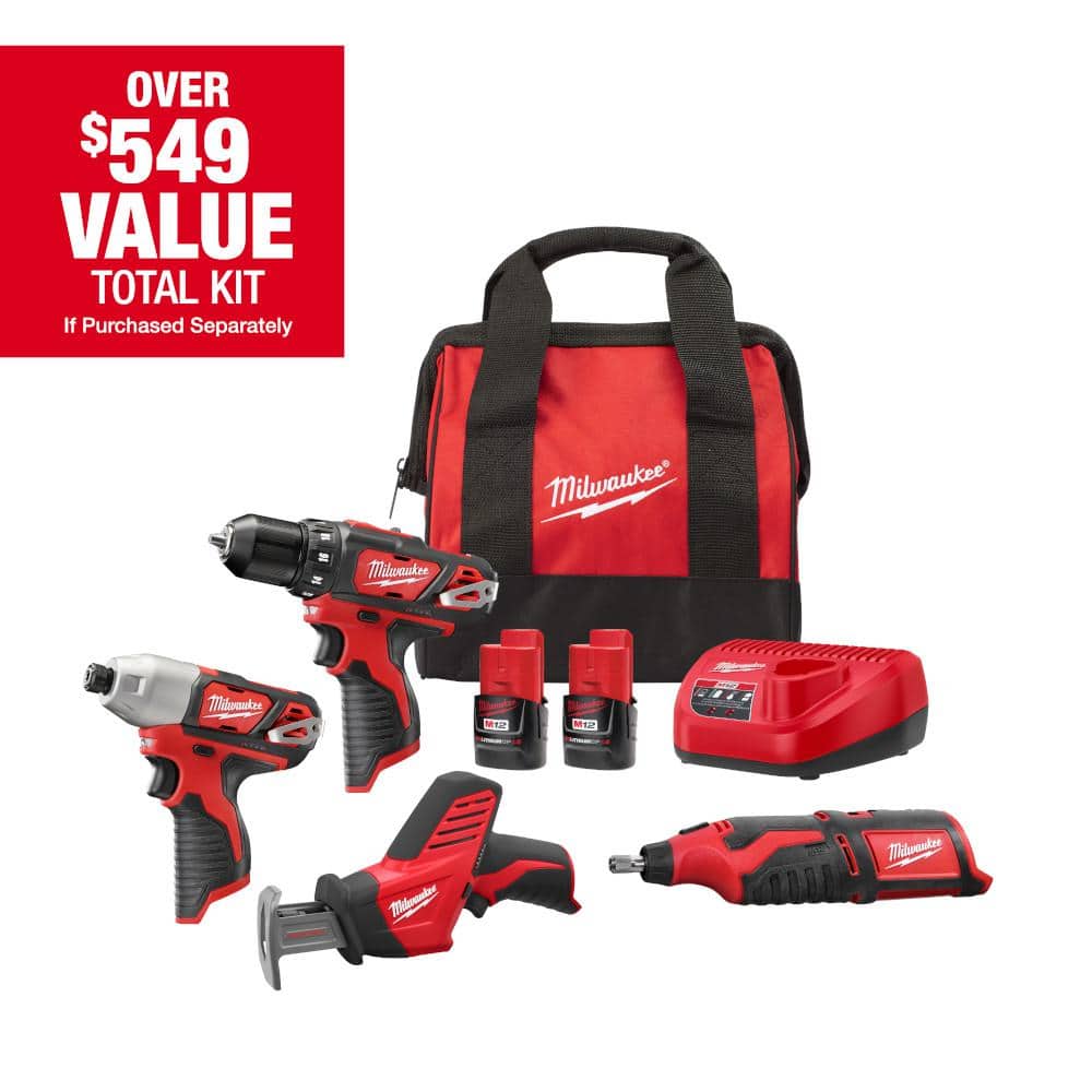 Milwaukee M12 12V Lithium-Ion Cordless 4-Tool Combo Kit with (2) Compact 1.5Ah Batteries and Charger