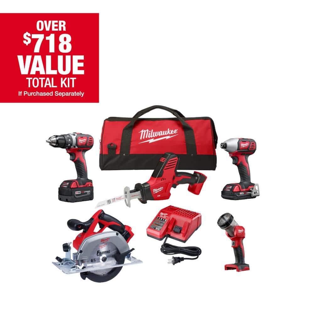 Milwaukee M18 18V Lithium-Ion Cordless Combo Kit (5-Tool) with (1) 3.0Ah and (1) 1.5Ah Battery, (1) Charger, (1) Tool Bag