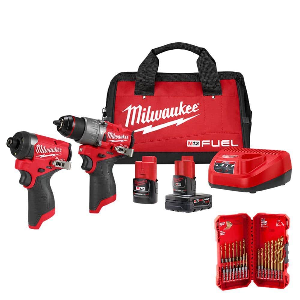 Milwaukee M12 FUEL 12-Volt Cordless Hammer Drill and Impact Driver Combo Kit with Impact Duty Titanium Drill Bit Set (23-Piece)