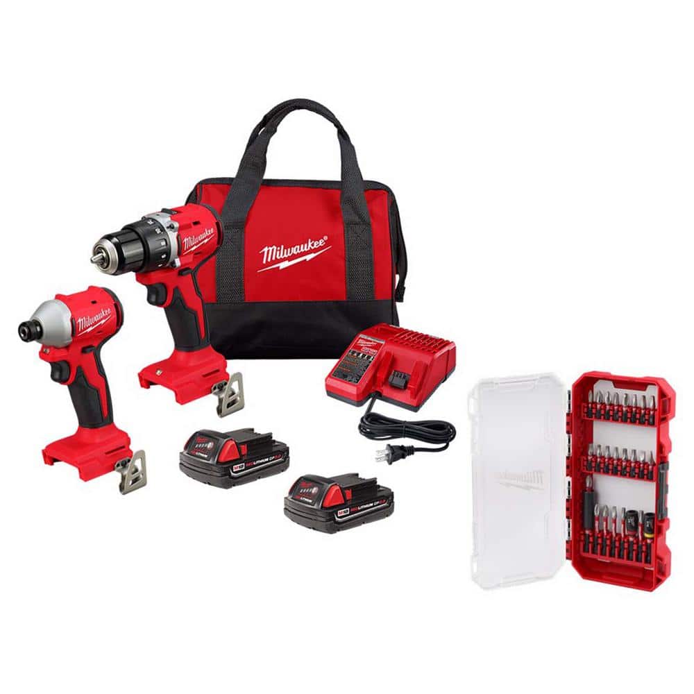 Milwaukee M18 18V Lith-Ion Brushless Cordless Compact Drill/Impact Combo Kit w/(2) 2.0 Ah Batteries, Charger & Bit Set (25-Piece)
