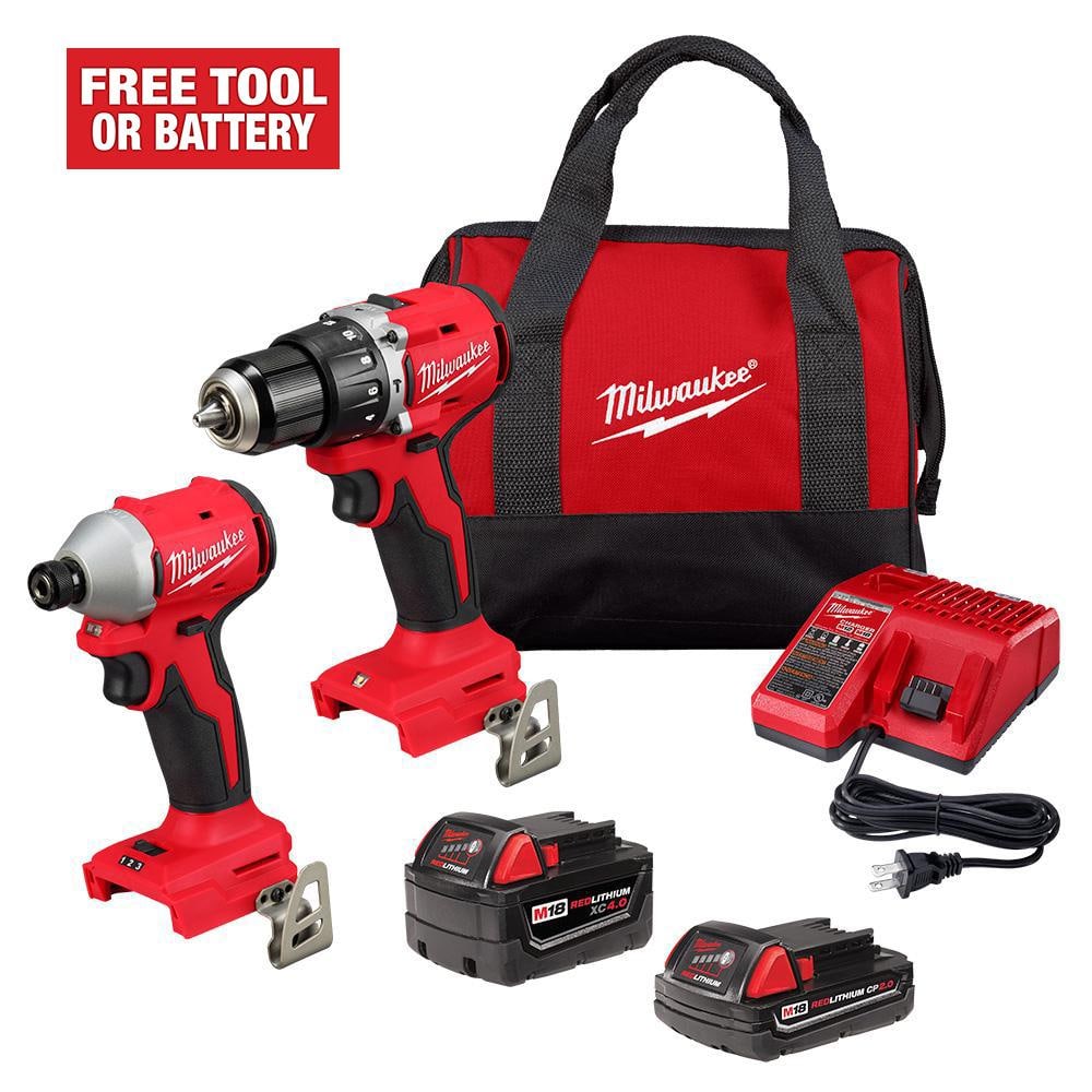 Milwaukee M18 18-Volt Lithium-Ion Brushless Cordless Compact Hammer Drill/Impact Combo Kit (2-Tool) with (2) Batteries, Bag