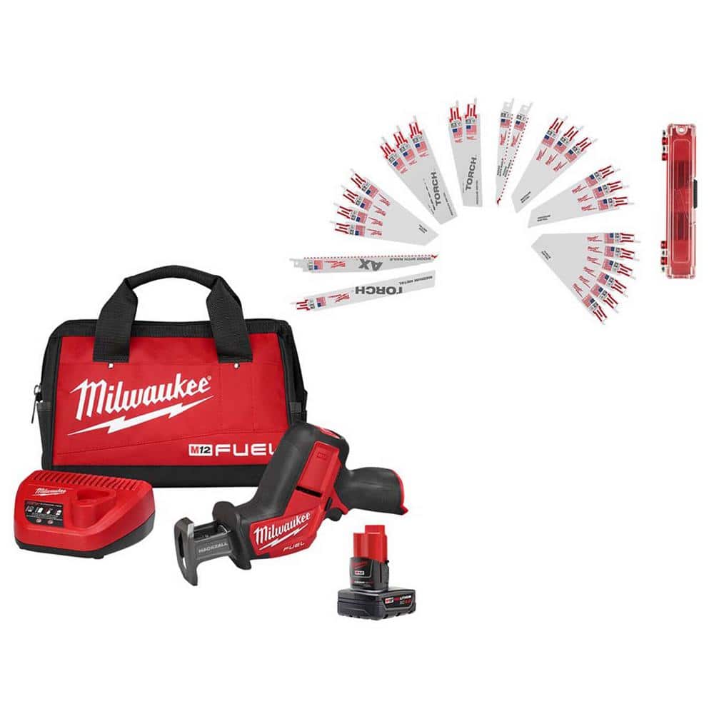 Milwaukee M12 FUEL 12V Li-Ion Brushless Cordless HACKZALL Reciprocating Saw Kit w/(1) 4.0Ah Batt, Charger, Bag & Blade Set(25-Pc)