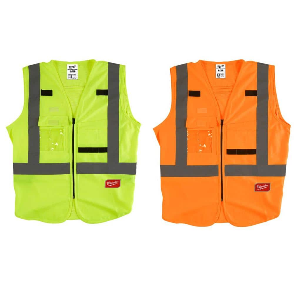 Milwaukee Large/X-Large Yellow and Orange Class 2 High Visibility Safety Vest with 10 Pockets (2-Pack)